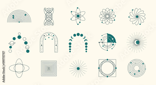 Collection of minimalist celestial and sacred geometry icons featuring planetary orbits moon phases atomic structures and mystical linear symbols vector illustration