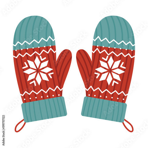 Winter red mittens with snowflake pattern and scandinavian style flat vector