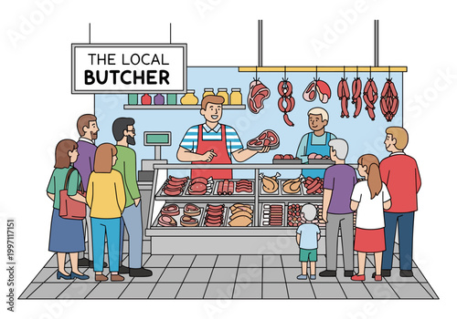 Customers queue at a local butcher shop displaying fresh meats and sausages