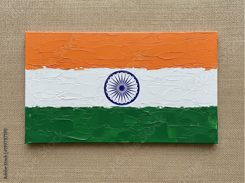 Indian National Flag, featuring thick, textured palette knife strokes in tiranga centered in the middle band is a navy blue Ashoka Chakra.  24X18 inch