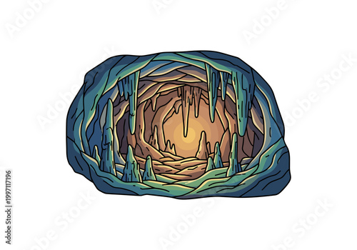 Mysterious cave interior with stalactites and stalagmites illuminated by soft light