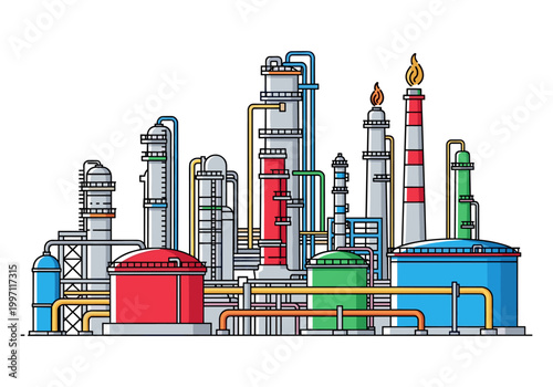 Industrial oil refinery complex with distillation towers and storage tanks
