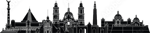Silhouette illustration of Mexico City landmarks including Angel of Independence Palace of Fine Arts Metropolitan Cathedral and historic architecture