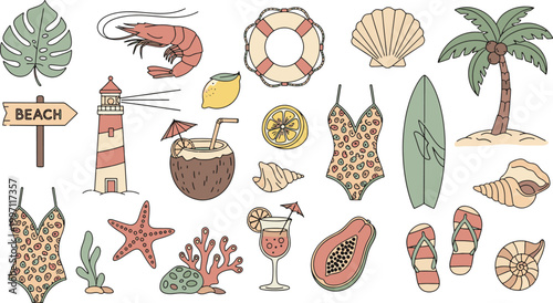 Collection of hand drawn summer beach icons featuring tropical fruits seashells swimwear surfboard palm tree lighthouse and vacation elements vector illustration