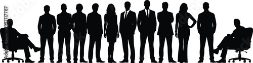 Silhouettes of professional business team standing together with seated executives in office chairs representing corporate teamwork and leadership