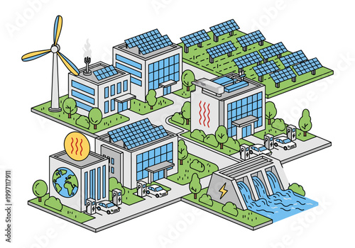 Sustainable city infrastructure with renewable energy sources and electric vehicles