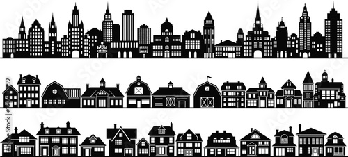 Urban city skyline rural farmhouse architecture and suburban residential houses silhouettes representing diverse environments and human built design