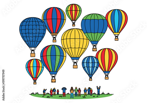 Colorful hot air balloons ascend into the sky above a crowd of onlookers