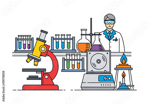 Scientist in a laboratory conducting experiments with scientific equipment and colorful liquids