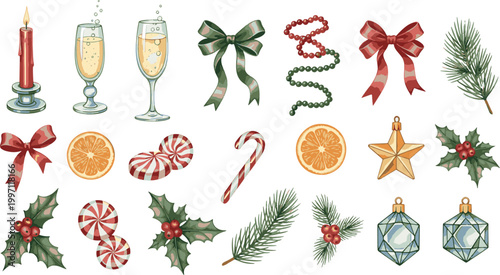 Festive Christmas Holiday Element Set with Champagne Flutes Candles Ribbons Ornaments Pine Branches Holly Berries and Peppermint Candies Vector Illustration