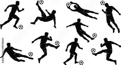 soccer player silhouettes in various action poses