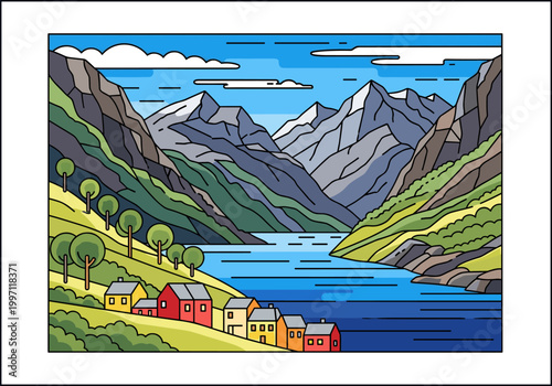 Colorful village nestled beside a serene fjord with majestic mountains