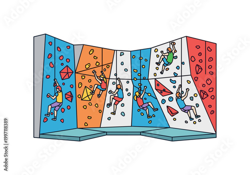 Diverse group of people enjoying indoor rock climbing on colorful artificial walls