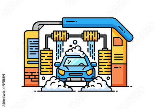 Modern automatic car wash station with blue vehicle being cleaned by brushes and water