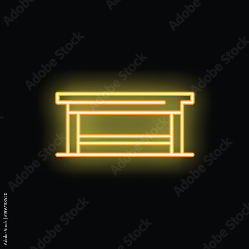 Bright yellow neon bench glowing on a black background, perfect for designs needing a retro, eye catching element