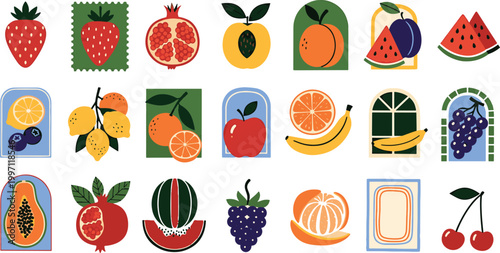 Collection of colorful flat fruit icons including strawberry orange banana watermelon lemon and grape for healthy food design vector illustration