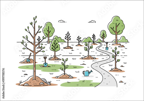 Illustration of planting trees and saplings in a park with gardening tools