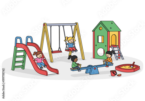 Children enjoying various activities on a colorful playground with swings, slide, and sandbox