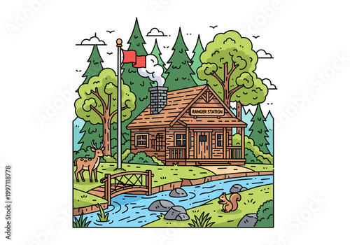 Charming ranger station nestled in a vibrant forest with a deer and squirrel nearby