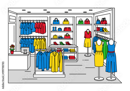 Modern clothing boutique interior with colorful apparel and accessories on display