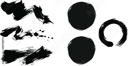 Set of Black Ink Brush Strokes with Zen Enso Circles and Calligraphy Elements.eps