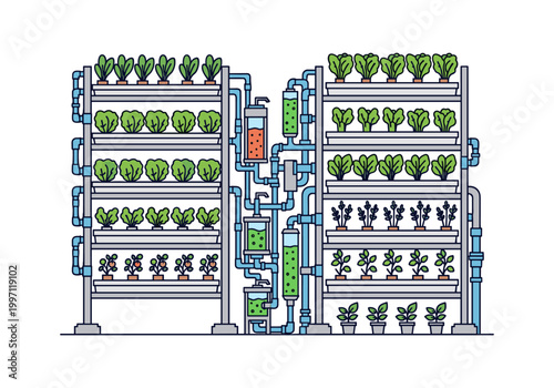 Vertical hydroponic farm with multiple levels of leafy greens and vegetables