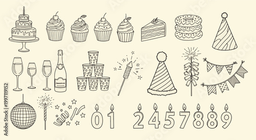 Hand drawn birthday celebration party icons set with cake cupcakes champagne disco ball fireworks and number candles for event invitation vector illustration