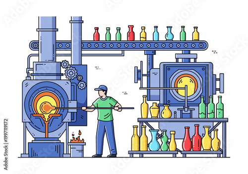 Glassblower working at a furnace with bottles on a conveyor belt and shelves