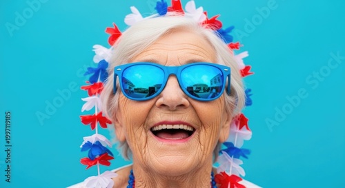 Festive senior woman celebrating usa independence day with patriotic accessories