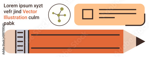 Writing, education, graphic design, communication, molecular structure, concept development. Pencil with text and a molecular diagram. Writing and education concepts highlighted in design