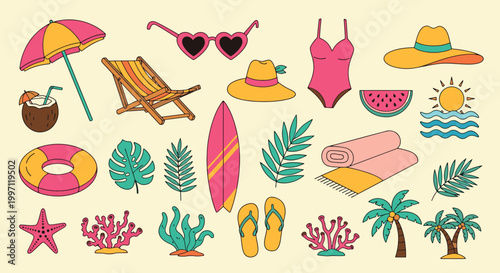 Flat line art summer beach icons set featuring surfboard coconut drink sun hat umbrella flip flops palm trees and sea vector illustration