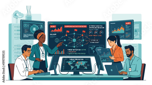 Cybersecurity Team Analyzing Network Threats Illustration Diverse Workers Protecting Telecom Infrastructure Data Security