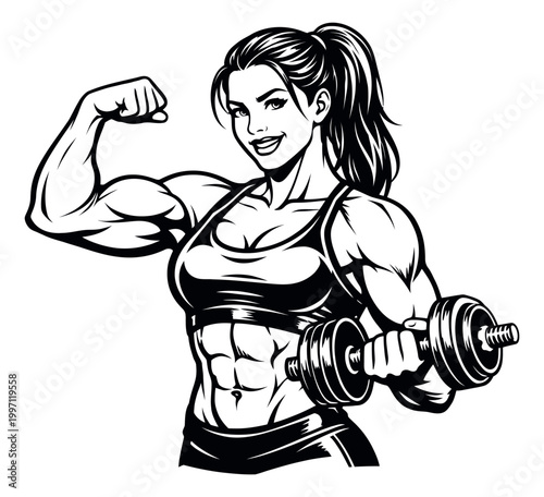 Comic style illustration of a muscular woman depicting a flexed bicep and holding a dumbbell for sports and fitness