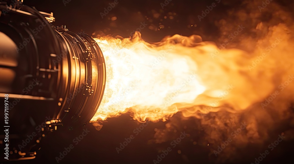 Naklejka premium Rocket engine generating intense flames and exhaust, propelling with significant power, illustrating concepts of energy, speed, and advanced engineering technologies