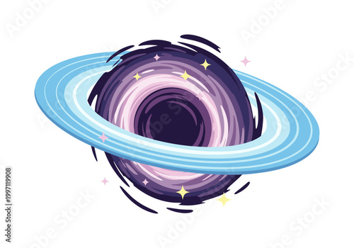 Stylized illustration of a swirling purple black hole with a blue accretion disk and stars