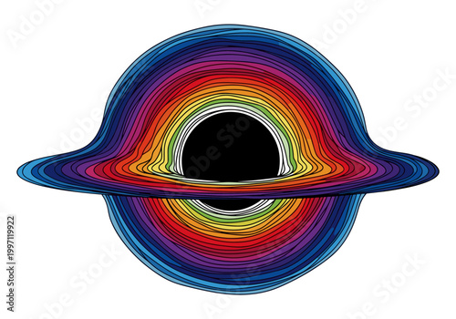 Abstract rainbow black hole illustration with swirling colorful accretion disk
