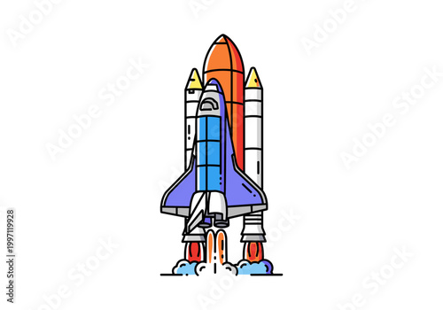 Space shuttle launching with fiery exhaust and clouds of smoke against a white background