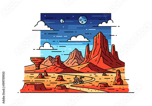 Martian landscape with rover exploring red desert under alien sky