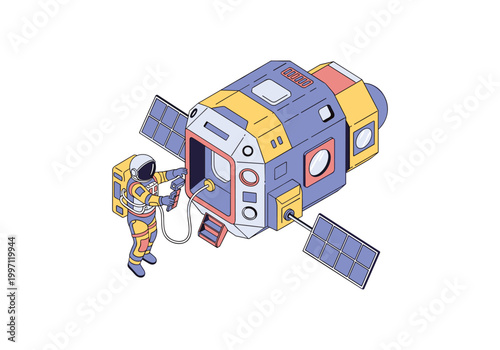 Astronaut performing maintenance on a space station module with solar panels extended
