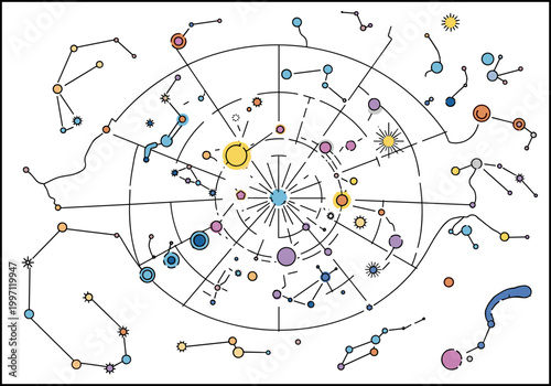 Abstract celestial map with constellations and astronomical symbols
