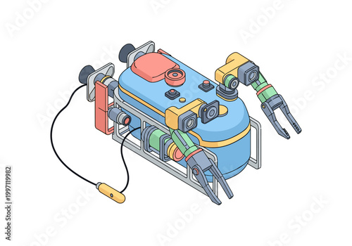 Cartoon underwater robot with robotic arms and cameras for exploration