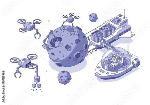 Robotic drones mine asteroids and transport resources to a futuristic space station