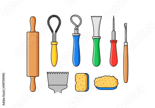 Collection of pottery and sculpting tools with sponges and rolling pin