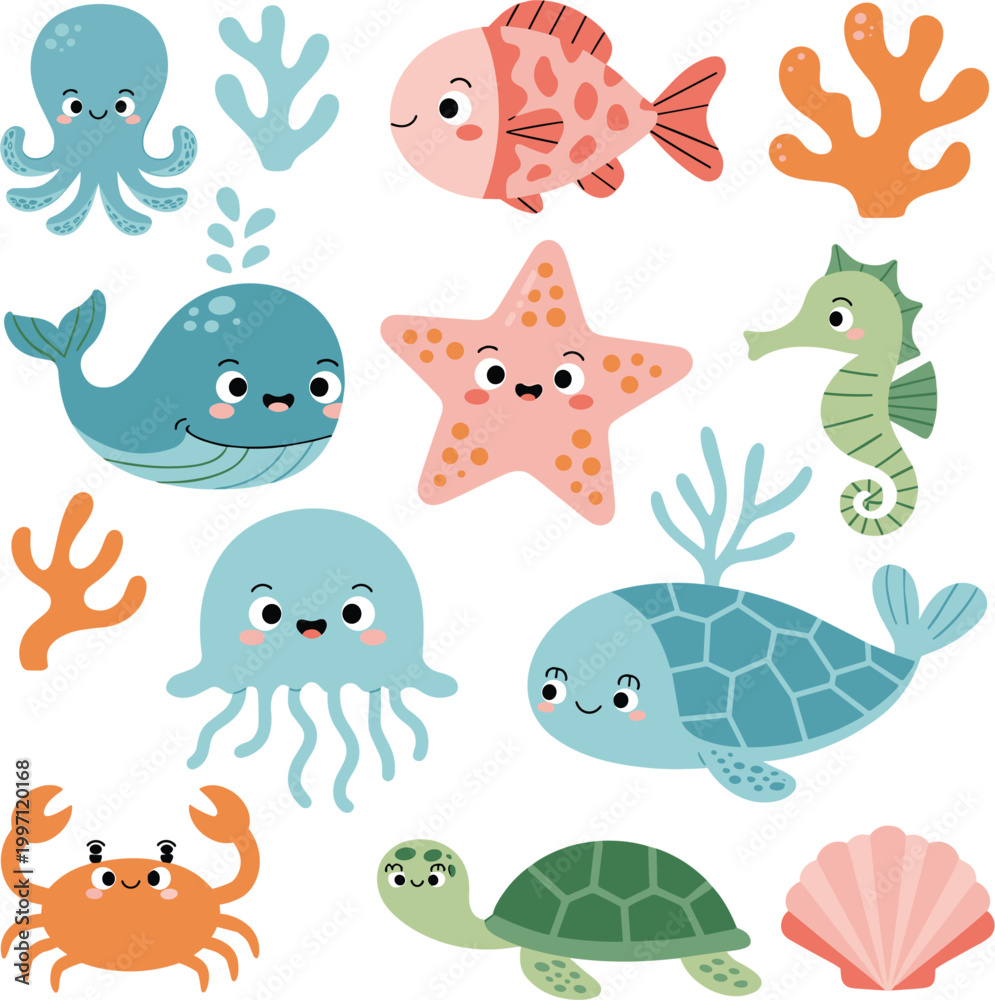Fototapeta premium Cute sea animals vector set cartoon ocean creatures collection smiling marine life illustration isolated design