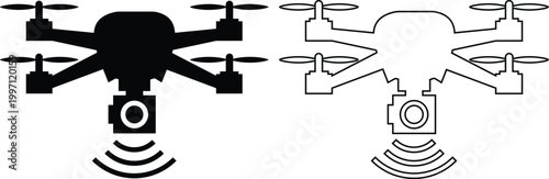 Drone icon set collection group, quadcopter UAV silhouette outline vector pack, aerial camera technology flying device symbol, flat and line style black icons isolated on transparent background