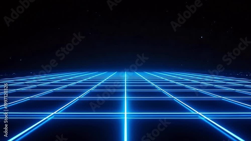 Blue neon grid in dark space