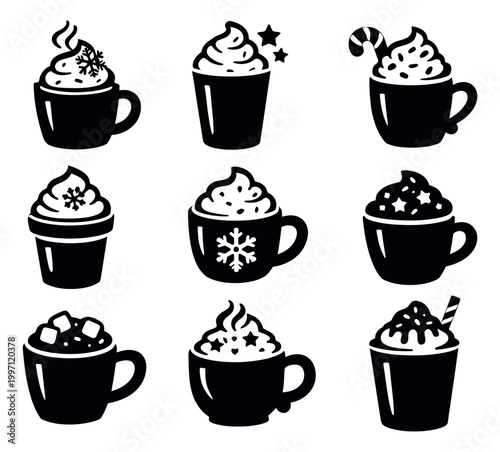 Graphic hot drinks set featuring whipped cream, snowflakes, stars, and candy canes for winter holiday designs