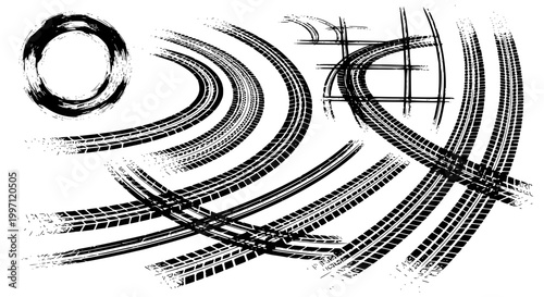 Tire tread marks after skidding, launch, drift, powerslide in motorsport, rally, off-road, motocross. Wheel texture with splash effect. Vector, transparent background SVG version.