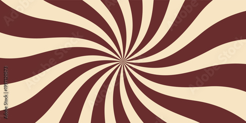 Chocolate swirl pattern. Abstract chocolate cream sunbeams design. Spiral milk candy texture. Brown and beige twist lollipop with cream. Sweet rotating cartoon swirl or whirlpool vector illustration.