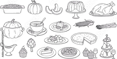 Hand drawn black and white autumn harvest dinner food icons including roasted turkey pumpkin pie and seasonal vegetable vector illustration